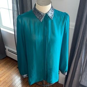 Apt 9 Women’s Teal Blouse with sequin collar and wrists Size Large
